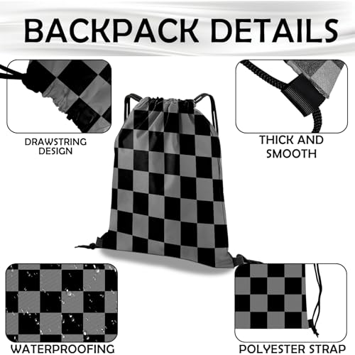 Drawstring Backpack Draw String Bag Waterproof for Sports Gym Beach Travel Cute Aesthetic Sackpack Men Women (13"×17")-Black Gray Checkered3