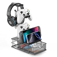 KDD Headphone Stand with Drawer & Cable Organizer - Controller Stand Holder for Desk, Aluminum Supporting Bar Earphone Stand - Universal Headset Holder for Gaming PC Accessories Storage