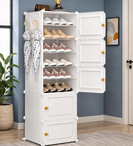 Image of Mevigo Plastic Shoe Rack for Home with Door | 10-Tier Stackable Shoe Organizer | Holds 20 Pairs |Waterproof & Dustproof | DIY Modular Shoe Cabinet |Chappal Slipper Stand for Bedroom-White-HY2