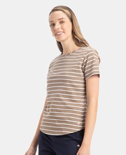 Image of Jockey A121 Women Super Combed Cotton Stripe Fabric Relaxed Fit Round Neck Half Sleeve T-Shirt with Curved Hem Styling