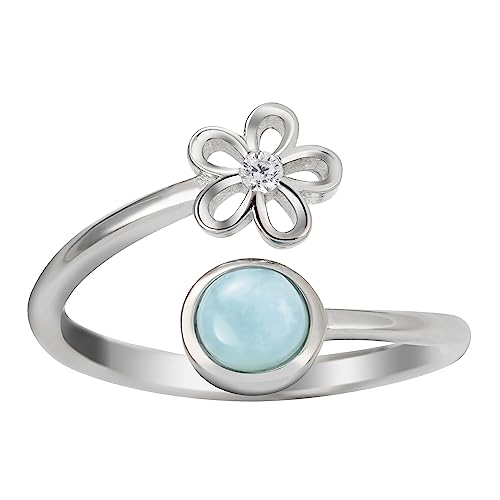 925 Sterling Silver Plumeria Flower and Full Moon, Cubic Zirconia, Adjustable Easy Resize Wrap Around Bypass Ring Eternity Band, Blue White Opal Larimar, Hypoallergenic Nickel Free, with Gift Box