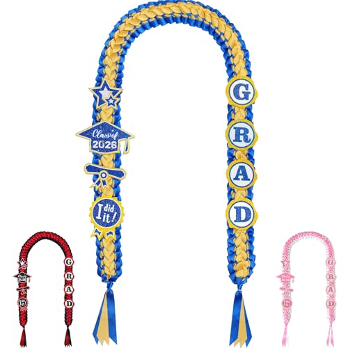 TISTON Graduation Lei Graduation Ribbon Class of 2026 with Glitter Pins Handmade Quadruple Braided Ribbon Money Lei High School College Grad Gifts for Him Her (Blue&Yellow)