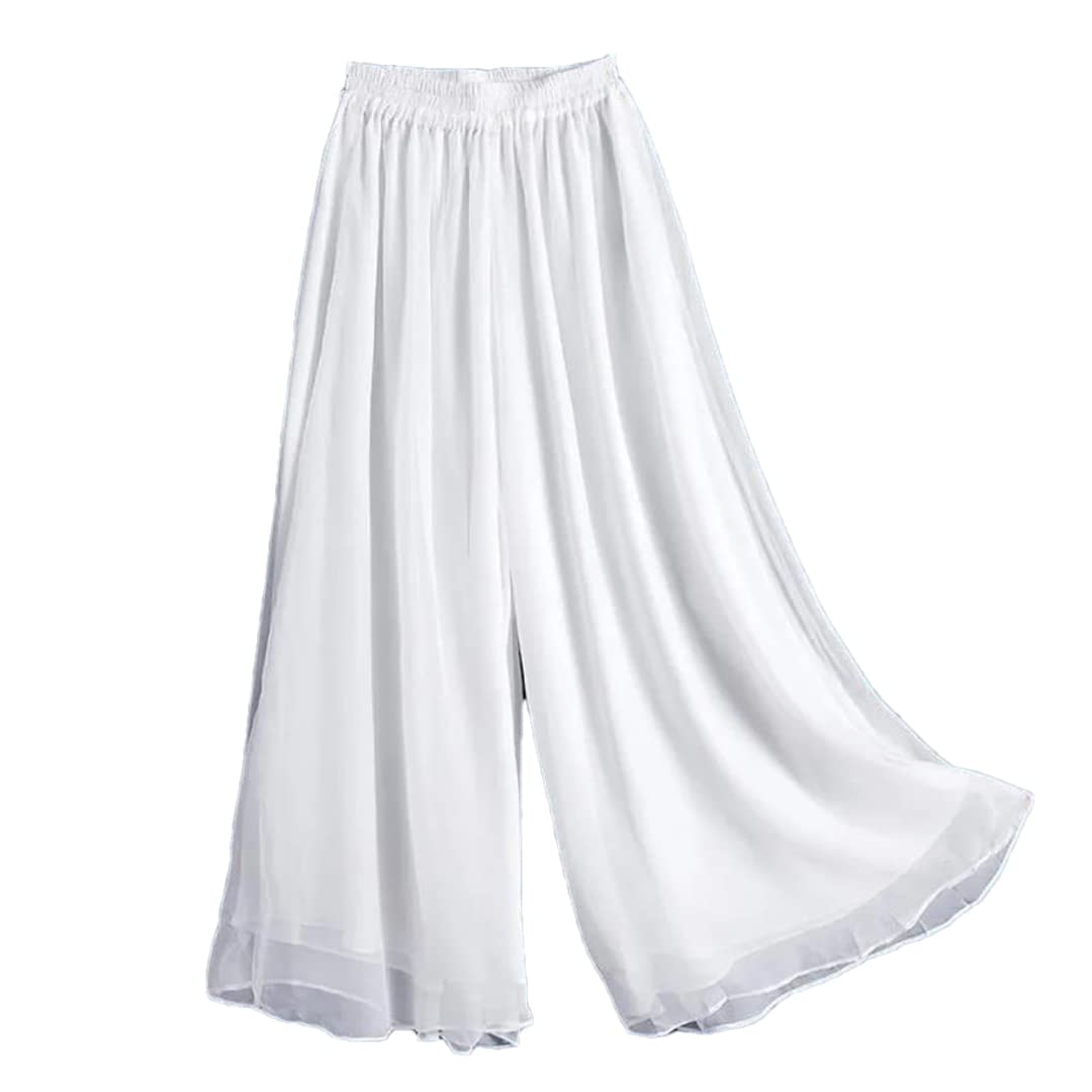 Deepsko Womens Chiffon Plus Size Loose Solid Color Elastic Band High Waist Wide Leg Pants
