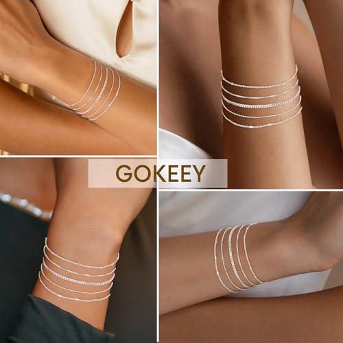 S925 Sterling Silver Bracelets Set for Women, Dainty Silver Bracelets for Women Trendy Bracelet Pack for Women, Cute Stack Sliver Bracelets Fashion Simple Silver Jewelry Gifts4