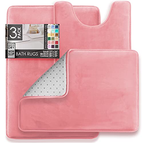 Clara Clark 3 Piece Bathroom Rugs Bath Mat Set, Velvet Memory Foam Bath Mats for Bathroom - Non-Slip, PVC Backing Bath Rugs, Washable - Dries Quickly, Pink by Clara Clark - Image 2