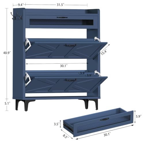 Image of TEENFON Shoe Cabinet with 2 Flip Drawers & Top Drawer, Farmhouse Narrow Shoe Storage Cabinet with Adjustable Shelves & Hooks, Freestanding Hidden Slim Shoe Rack Cabinet for Entryway, Hallway, Blue