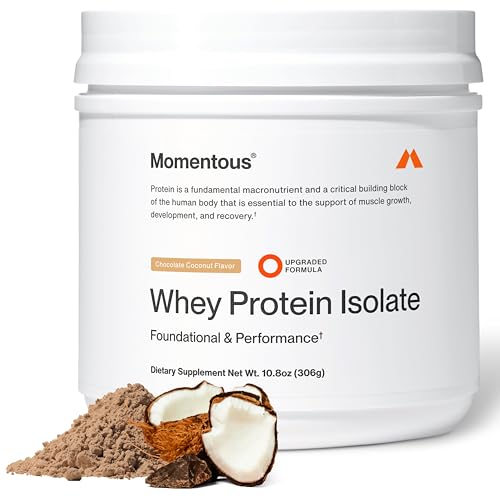 Image of Momentous Essential Grass-Fed Whey Protein Powder - 20 g Whey Isolate Protein - NSF Certified for Sport - Gluten-Free - 12 Servings for Essential Everyday Use - Chocolate Coconut - Package May Vary