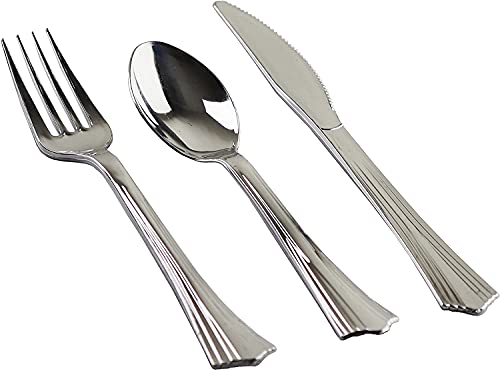 144 Heavy Duty Silver Plastic Cutlery Set - 48 of Each Piece Quality Bulk Reusable Fancy Plastic Silverware Perfect for Parties