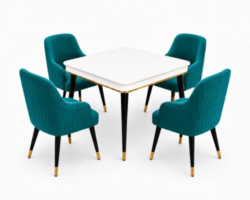 Image of WOODEN SPACE 4 Seater Wooden Dining Table Set | Urban Marble Top Dining Table with Chairs for Dining Room & Kitchen (Modern Zyro Sea Blue) (42 x 42 x 30 inch)