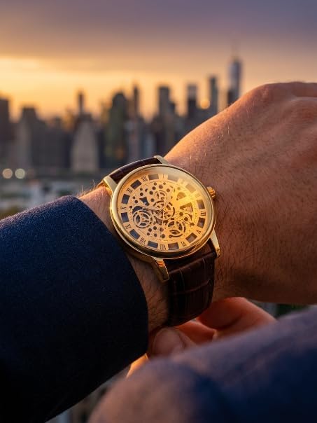 Image of Men's Skeleton Automatic Mechanical Watch - Gold Transparent Dial with Roman Numerals & Brown Crocodile Leather Strap Wrist Watch for Men