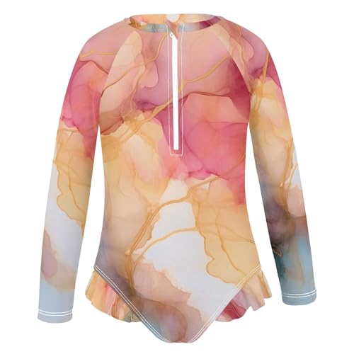 ALAZA Toddler Swimsuit Girl Bathing Suit Swimwear Rash Guard Pink Marble Orange Long Sleeve 3T2