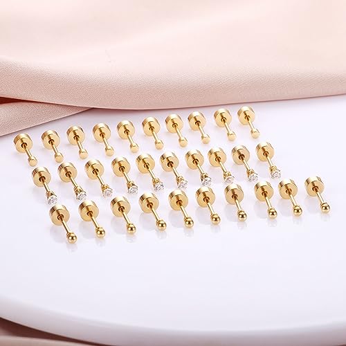 LOLIAS 15 Pairs Tiny Surgical Steel Gold Stud Earrings for Men Women,Comfy Screw Back Flat Back Stud Earrings CZ Dot Ball Small 2mm Stud Earrings Set 20G