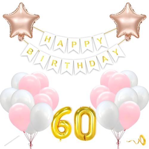 Image of Flyloons 60th Happy Birthday Decoration Kit Pink White for Boys Girls Men Women Adults With 20 Pcs Pastel Balloons Birthday Banner 2 Pcs Star Items Set