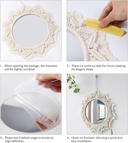 KHiry Hanging Wall Mirror with Macrame Bohemian Fringe Round Mirror Boho Macrame Circle Hanging Mirrors Bohemian Wall Hanging Mirror Decorative for Living Room Bedroom Home Decor - Image 6