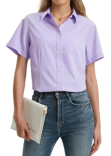 Image of Stamain Womens Short Sleeve Shirts Formal Fitted Light Purple Ladies Office Blouse Business Work Wear Button up Shirts for Women XL