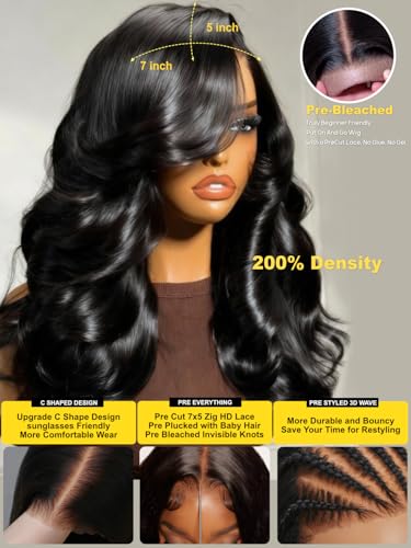 Image of Sunber Loose Body Wave 7x5 Lace Bye-Bye Slip Glueless Wig Feathered Layer Left Side Part 200% Density Wig with Secure Silicone Strips and Drawstring Pre Cut Lace Pre Bleached Invisible Knots 22Inch