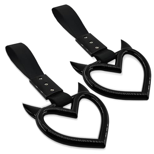 Image of 2PCS Heart shaped Car Handle Straps, Heart Car Accessories, Ring Hearts Shaped Cars Hand Strap Drift Charm, Universal Handle Keychains Accessory Suitable for Cars Bus (Black+balck)