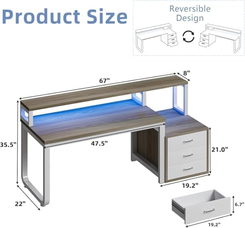 Image of MaverickFurni 67 inch Home Office Desk with 3 Drawers, Reversible Computer Desk with Moniter Stand and Printer Shelf, Gaming Desk with LED Lights, White and Walnut