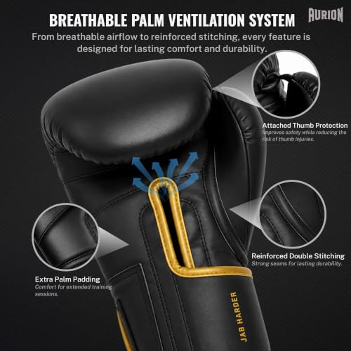 Image of Aurion Boxing Gloves 14oz for Men & Women | Premium PU Leather | 4-Layer Impact Protection | Breathable Mesh Palm | Wrist Support | Kickboxing, MMA, Sparring, Heavy Bag Training | (Black Gold)