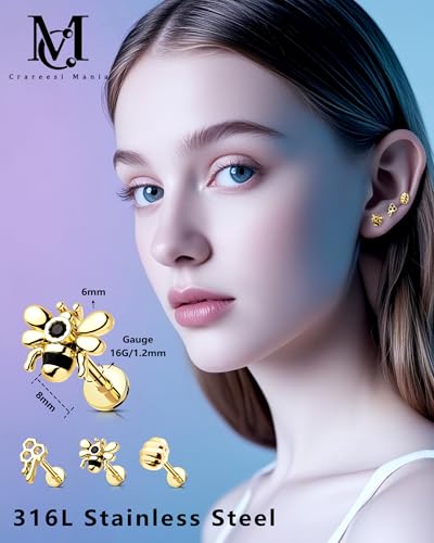 CM Crareesi Mania Flat Back Earrings Internally Threaded Labret Studs 316L Stainless Steel Helix Earrings Stud 16G Cartilage Earrings Stud 8mm Bee Medusa Piercing Jewelry4