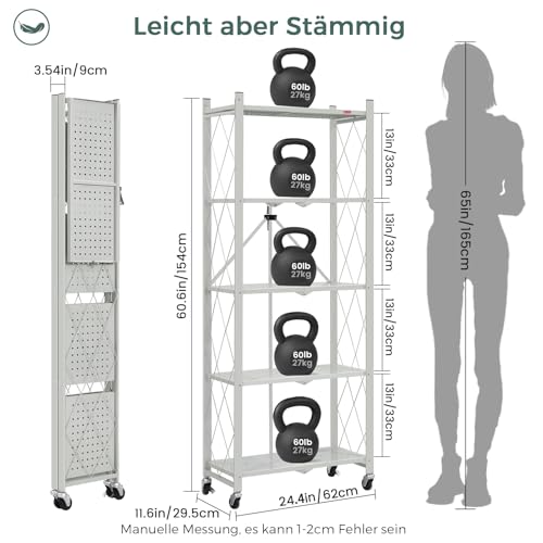 DEANIC Klappregal, 5 Regal Bücherregal, Küchenregale mit Rollen, Metallregal zur Aufbewahrung für Wohnzimmer, Speisekammer (61 x 147 x 28 cm, Grau)