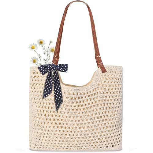 Bolso de playa tejido grande con asas de cuero