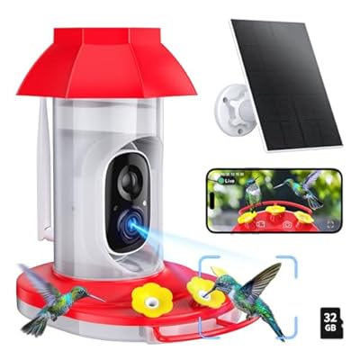 Hummingbird Feeder with Camera Solar Powered W/32G Card, AI Identify Bird Species, Ant Moat/Bee Proof, Hummingbird Cam Watching Live Video, Instant Notifications, Ideal Present for Bird Lovers