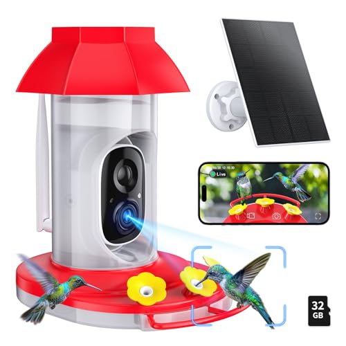 Hummingbird Feeder with Camera Solar Powered W/32G Card, AI Identify Bird Species, Ant Moat/Bee Proof, Hummingbird Cam Watching Live Video, Instant Notifications, Ideal Present for Bird Lovers