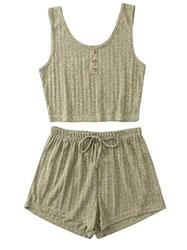 Image of SOLY HUX Women's Button Front Ribbed Knit Tank Top and Shorts Pajama Set Sleepwear Lounge Sets