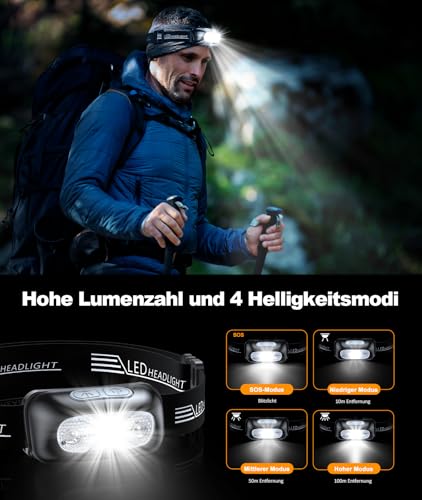 Glangeh Stirnlampe LED Wiederaufladbar, Stirnlampe mit Bewegungssensor & 5 Lichtmodi, IPX6 Wasserdicht, 1200 mAh Akku Kopflampe Stirnlampe für Joggen Laufen Campen Angeln Wandern Handwerker Kinder – Bild 4