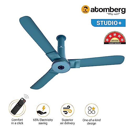 Image of atomberg Studio+ 1200mm BLDC Ceiling Fan with Remote Control | BEE 5 star Rated Energy Efficient Ceiling Fan | High Air Delivery with LED Indicators | 2+1 Year Warranty (Aegean Blue)