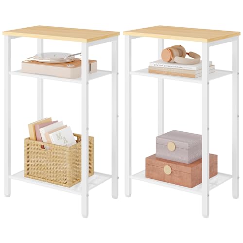 Image of Hoctieon 2-Set 3 Tier End Table, Telephone Table Set of 2, Tall Side Table with Storage Set of 2, Small Nightstand for Small Spaces, Metal Frame, White and Yellow Oak
