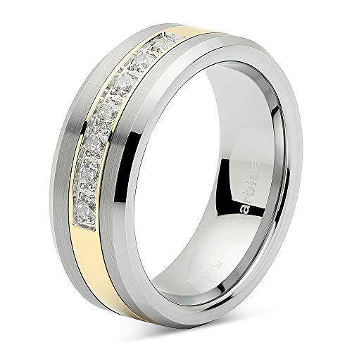 100S JEWELRY Tungsten Rings for Men Women Wedding Band Two Tone Gold Silver Cz Inlay Size 6-163