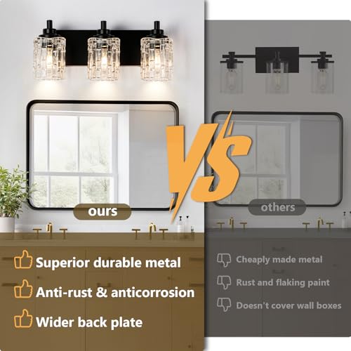 Image of 3-Light Black Bathroom Light Fixtures, Clear Glass Shade | Modern Wall Sconces for Mirror, Vanity Lighting for Bedroom, Hallway, Kitchen, E26 Base Easy Install