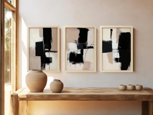 Image of BLINKART Set of 3 BLACK BEIGE BRUSHSTROKE Natural Brown Frame Painting for Wall Decoration - Modern Art Wall Decor Framed Painting for Living Room Bedroom - Framed Wall Posters /Paintings (8X12 inch)