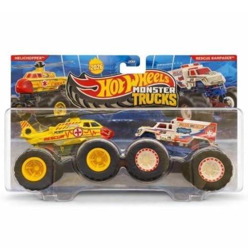 Image of Hot Wheels Monster Trucks Helichopper Vs Rescue Rampager Demolition Doubles 2026 1:64 Scale 3+ Ages - Multicolor