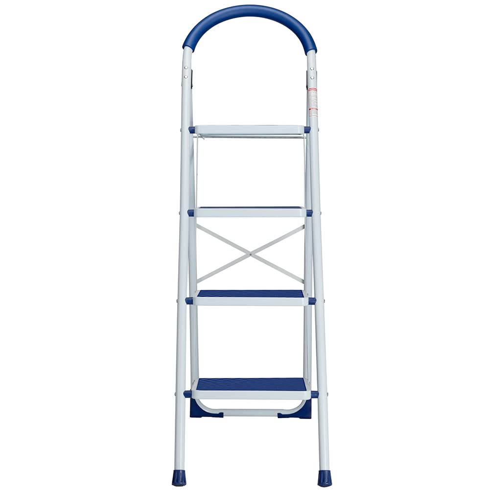 Bakaji Scala Scaletta Pieghevole Salvaspazio con Gradini Antiscivolo e Maniglione di Sicurezza Sgabello Scaletto Struttura in Acciaio e Rivestimento in Gomma Portata massima 150kg (4 Gradini Blu)