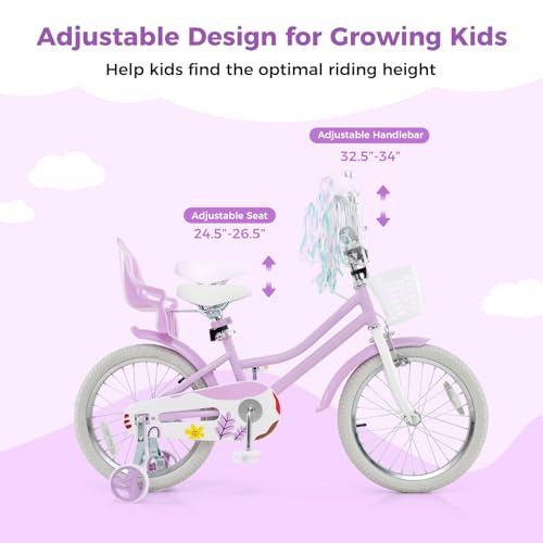Image of BABY JOY Girls Bike with Streamers & Doll-Seat, Kids Bike for 3-8 Years Old | 12 14 16 18 20 Inch Children Bicycle w /Detachable Training Wheels or Kickstand, Storage Basket, Adjustable Seat and Handlebar