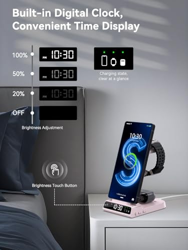 Image of Wireless Charger for Samsung S25 with Clock 3 in 1 Android Charging Station | Charging Station for Galaxy S25 Ultra,Z Flip 7,Fold,Galaxy Bud, Watch Charger for Galaxy Watch 8,7,6,5Pro, Nightstand Charger