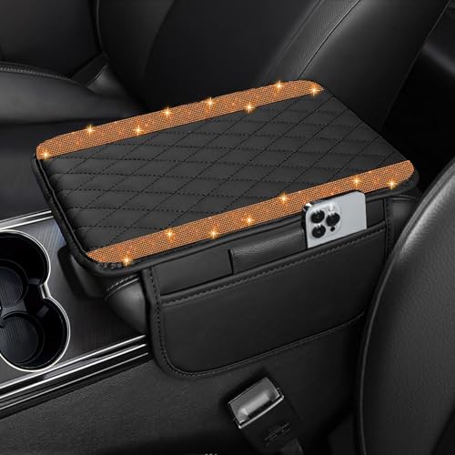 NBTEPEM Bling Car Center Console Cover, Leather Car Arm Rest Cover Cushion with 2 Storage Bags, Middle Console Cover Universal Armrest Protector Pads, Bling Accessories for Most Vehicles (Orange)