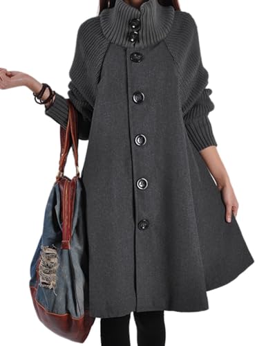 Sexyshine Women's Mid Long Length Single Breasted Cowl High Neck Loose Button Down Woolen Cloak Coat Jacket