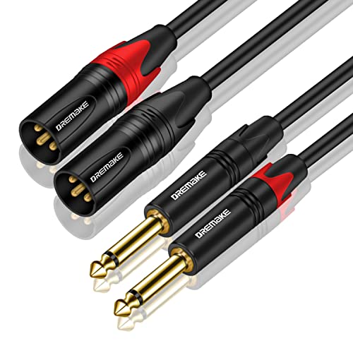 DREMAKE XLR to 1/4'' TS Mono Microphone Patch Cable, 6 Feet Splitter Adapter, Dual 1/4 Inch to XLR Unbalanced Mic Audio Cord