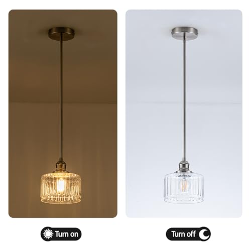 Image of MAYNA 1 Pack Modern Pendant Light with Clear Striped Glass Lmapshade, Brushed Nickel Vintage Pendant Light Fixtures, Adjustable Hanging Light for Kitchen Island Dining Room Hallway(Bulb Included)