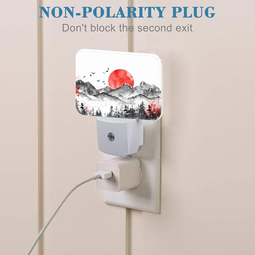 Image of Mountains and Red Sun Night Light Ink Painting Nightlight Plug into Wall with Dusk to Dawn Sensor for Kid Girls Boys Women Men Room, Hallway, Kitchen, Bathroom, Stairs Decor