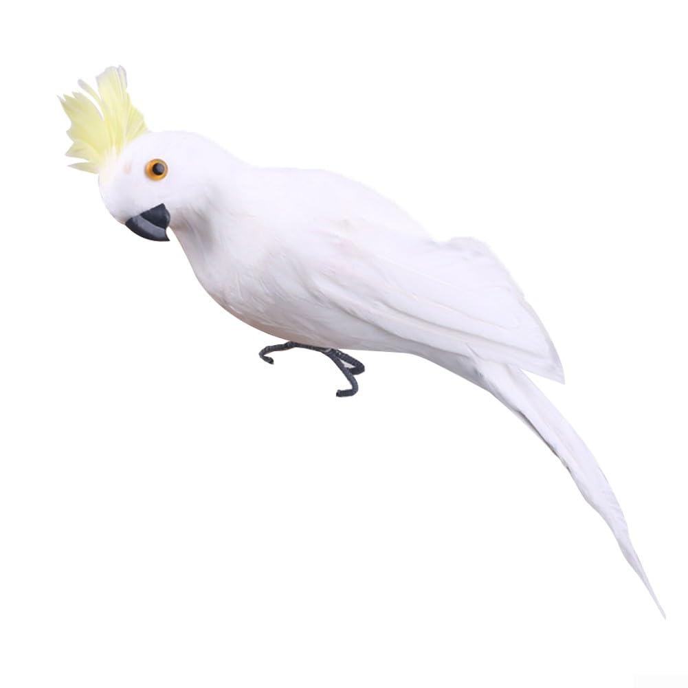 Artificial Feathered Parrot Statue 25cm Realistic Bird Ornament with Wire Clip and Feet for Garden Decoration Indoor Outdoor Lawn Tree Display Crafts Projects Animal Model(crown yellow and white)