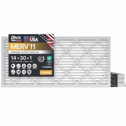 BNX TruFilter 14x30x1 Air Filter MERV 11 (4-Pack) - MADE IN USA - Allergen Defense Electrostatic Pleated Air Conditioner HVAC AC Furnace Filters for Allergies, Dust, Pet, Smoke, Allergy MPR 1200 FPR 7