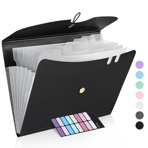 Image of Sooez 7 Pocket Accordion File Organizer, Premium Expanding File Folder | Letter Size Folders for Documents, Sleek Filing Folders with Bungee Closure, Portable Folders School Office Supplies, Black