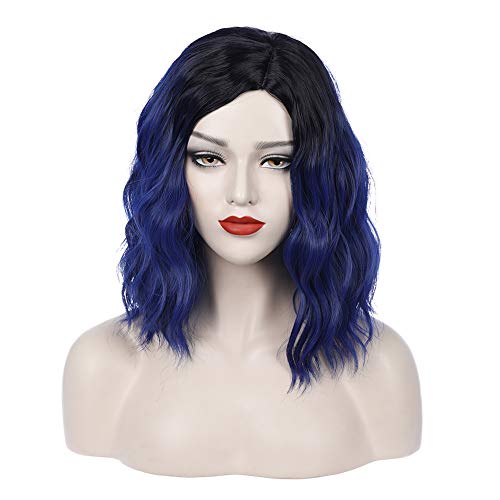 PATTNIUM Black Blue Wig Short Wavy Wig Dark Blue Wig for Women Black Ombre Blue Wig Heat Resistant Synthetic Hair Blue Cosplay Costume Wig (Black Ombre Blue)