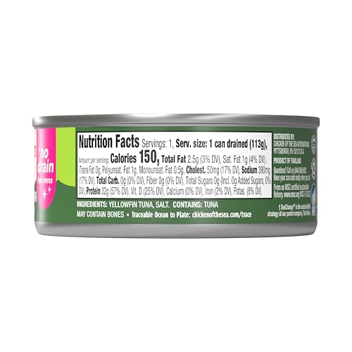 Image of Chicken of the Sea Solid Yellowfin Pure Tuna, 4 oz. Cans (Pack of 24), Wild Caught Canned Tuna, No Drain
