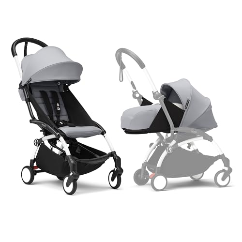 Poussette Stokke YOYO3 avec pack nouveau-né et pack couleur 6+ - Comprend un cadre blanc, un pack couleur YOYO 6+ (Stone) et un pack nouveau-né 0+ (Stone)